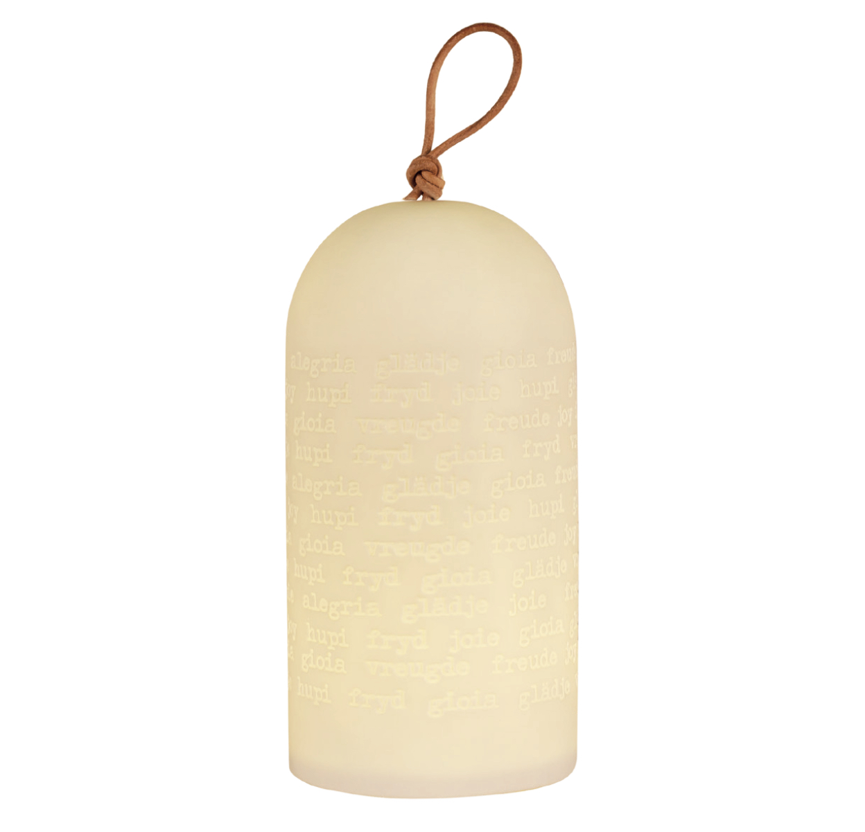 Lampe en porcelaine avec inscrit le mot joie dans plusieurs langues