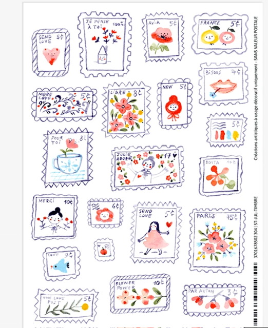 Dès stickers en forme de timbre. Dessinés,par l’illustratrice Julie Adore
