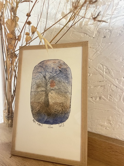 Gravure l’hiver. Belle œuvre pont aven maison B.